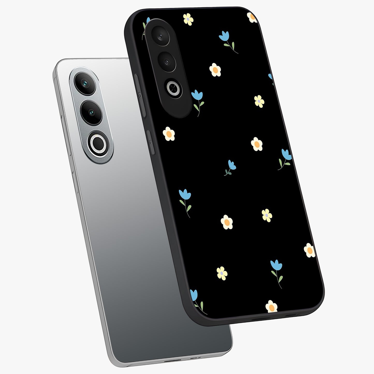 Minimalistic Blue With White Flower Pattern Glass Case for 1+Nord CE 4 angled mockup showcasing glossy finish and crisp clean detailing