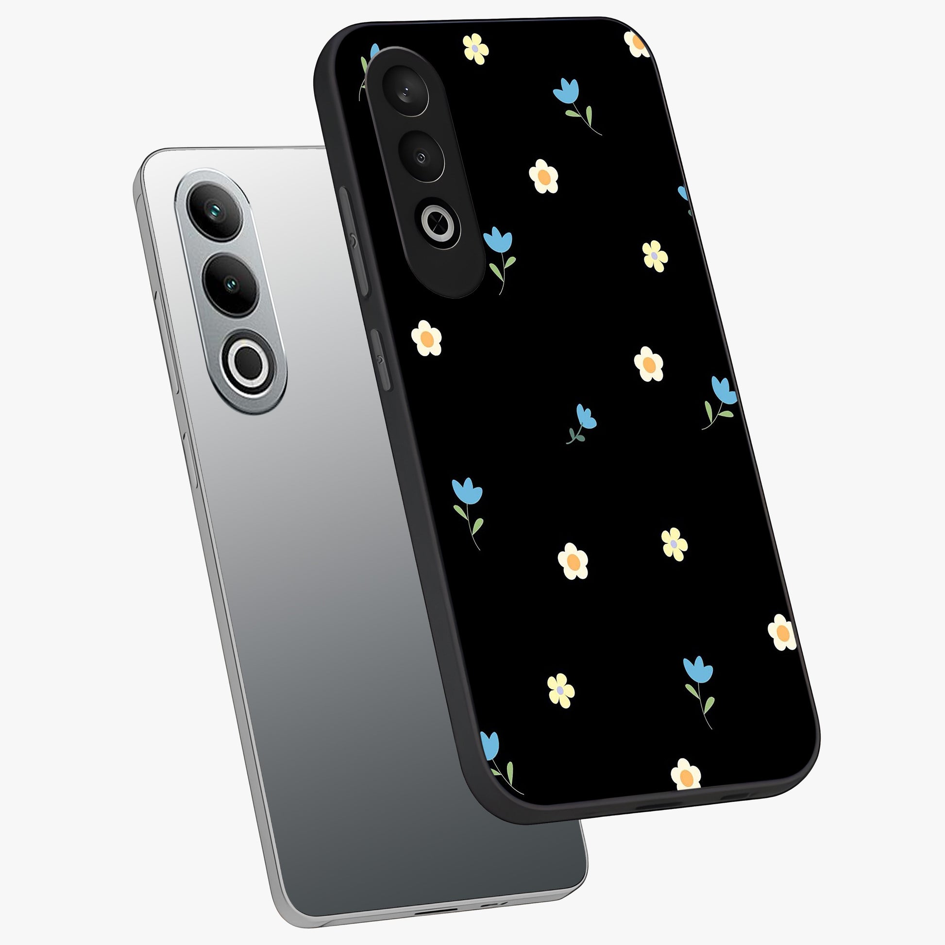 Minimalistic Blue With White Flower Pattern Glass Case for 1+Nord CE 4 angled mockup showcasing glossy finish and crisp clean detailing