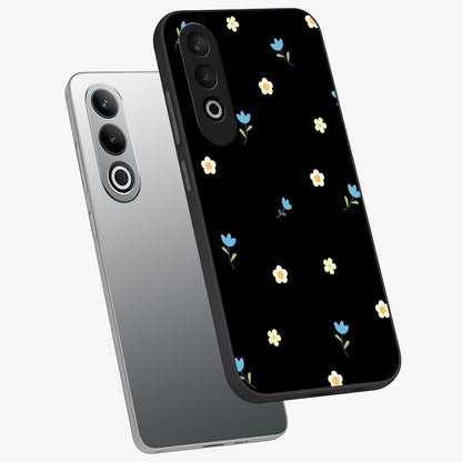 Minimalistic Blue With White Flower Pattern Glass Case for 1+Nord CE 4 angled mockup showcasing glossy finish and crisp clean detailing