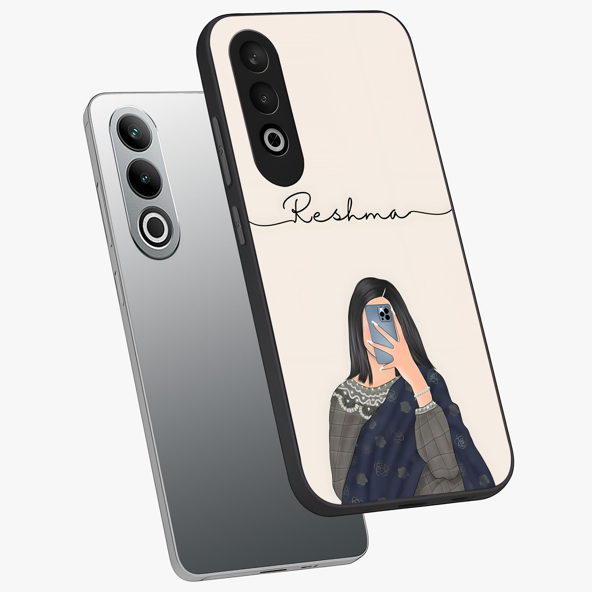 Mirror Mood Muse With Custom Name Glass Case for 1+Nord CE 4 angled mockup showcasing glossy finish and modern design tones
