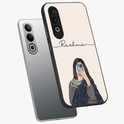 Mirror Mood Muse With Custom Name Glass Case for 1+Nord CE 4 angled mockup showcasing glossy finish and modern design tones