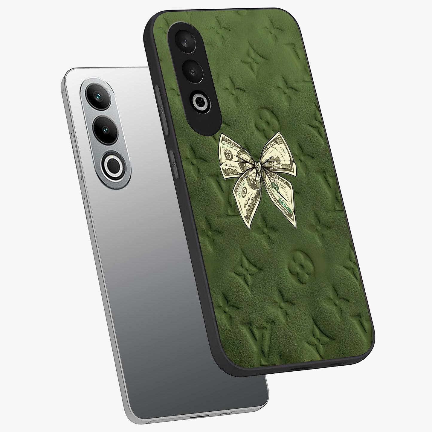 Money Bow Lv Glass Case for 1+Nord CE 4 angled mockup showcasing glossy finish and premium aesthetic detailing