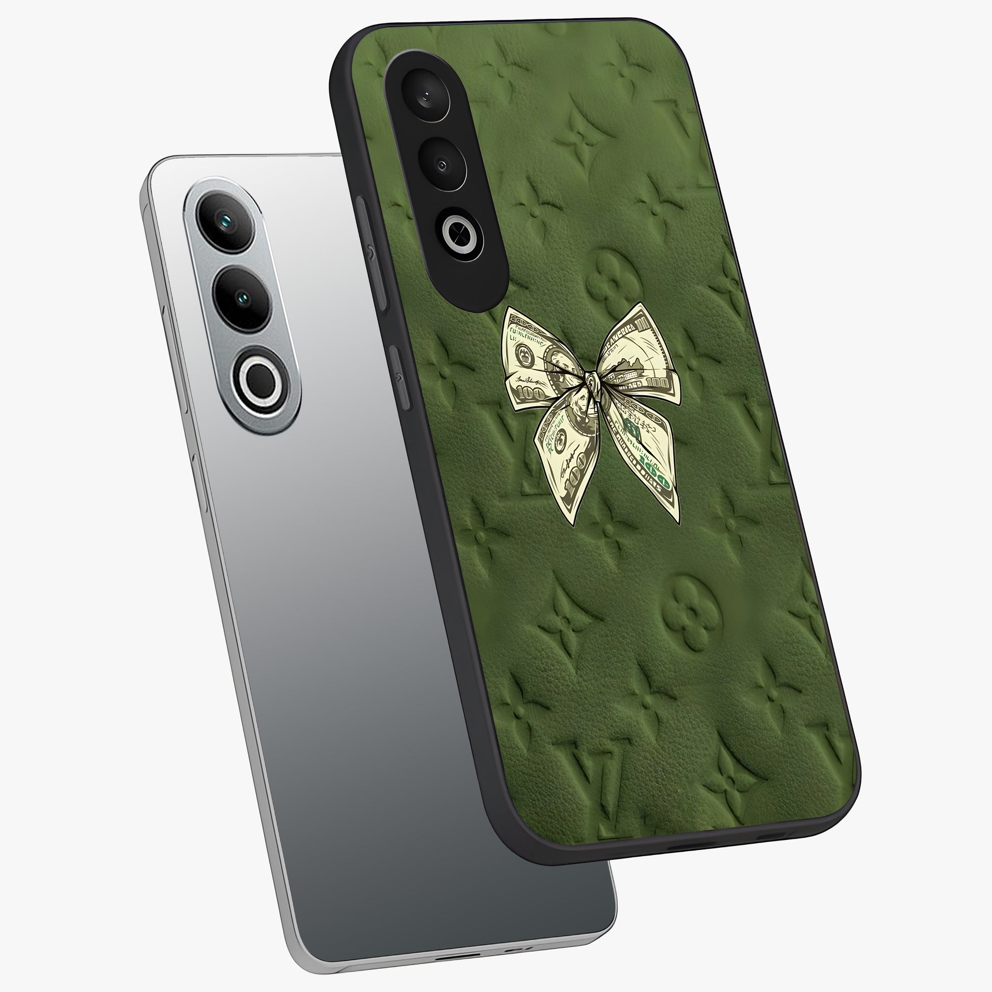 Money Bow Lv Glass Case for 1+Nord CE 4 angled mockup showcasing glossy finish and premium aesthetic detailing