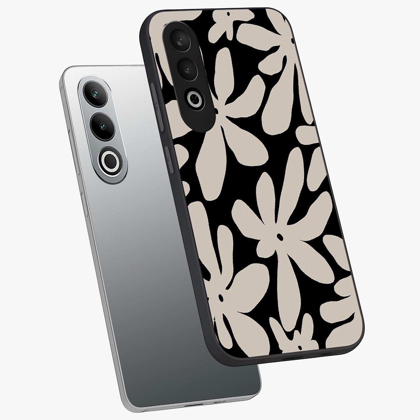 Monochrome Petal Dance Glass Case for 1+Nord CE 4 angled mockup showcasing glossy finish and elegant contrast detailing