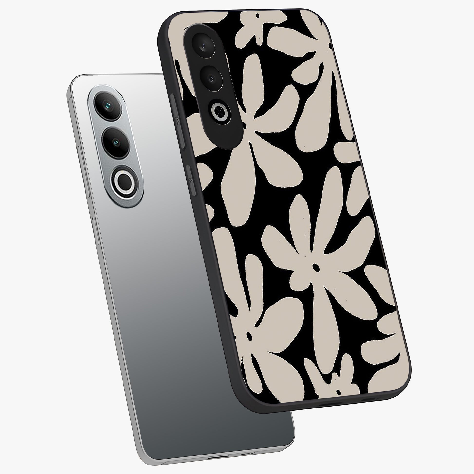 Monochrome Petal Dance Glass Case for 1+Nord CE 4 angled mockup showcasing glossy finish and elegant contrast detailing