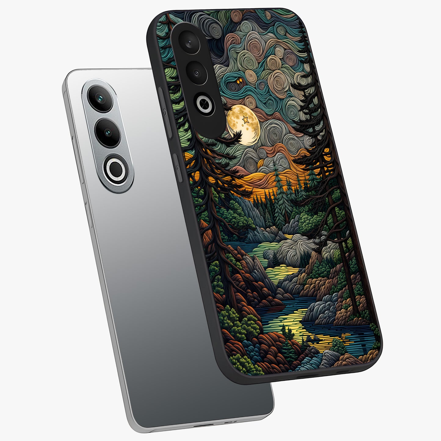 Moonlight Forest Dream Glass Case for 1+Nord CE 4 angled mockup showcasing glossy finish and deep night gradients