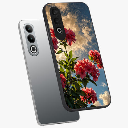 Moonlit Blossom Charm Glass Case for 1+Nord CE 4 angled mockup showcasing glossy glass finish and delicate bloom detailing