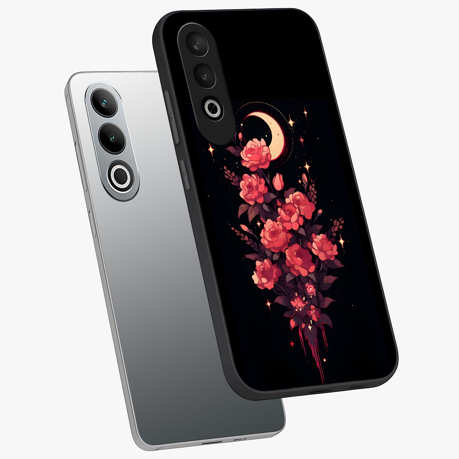 Moonlit Floral Elegance Glass Case for 1+Nord CE 4 angled mockup showcasing glossy finish and rich night tones