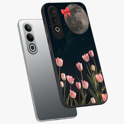 Moonlit Night Tulip Glass Case for 1+Nord CE 4 angled mockup showcasing glossy finish and soft luminous accents