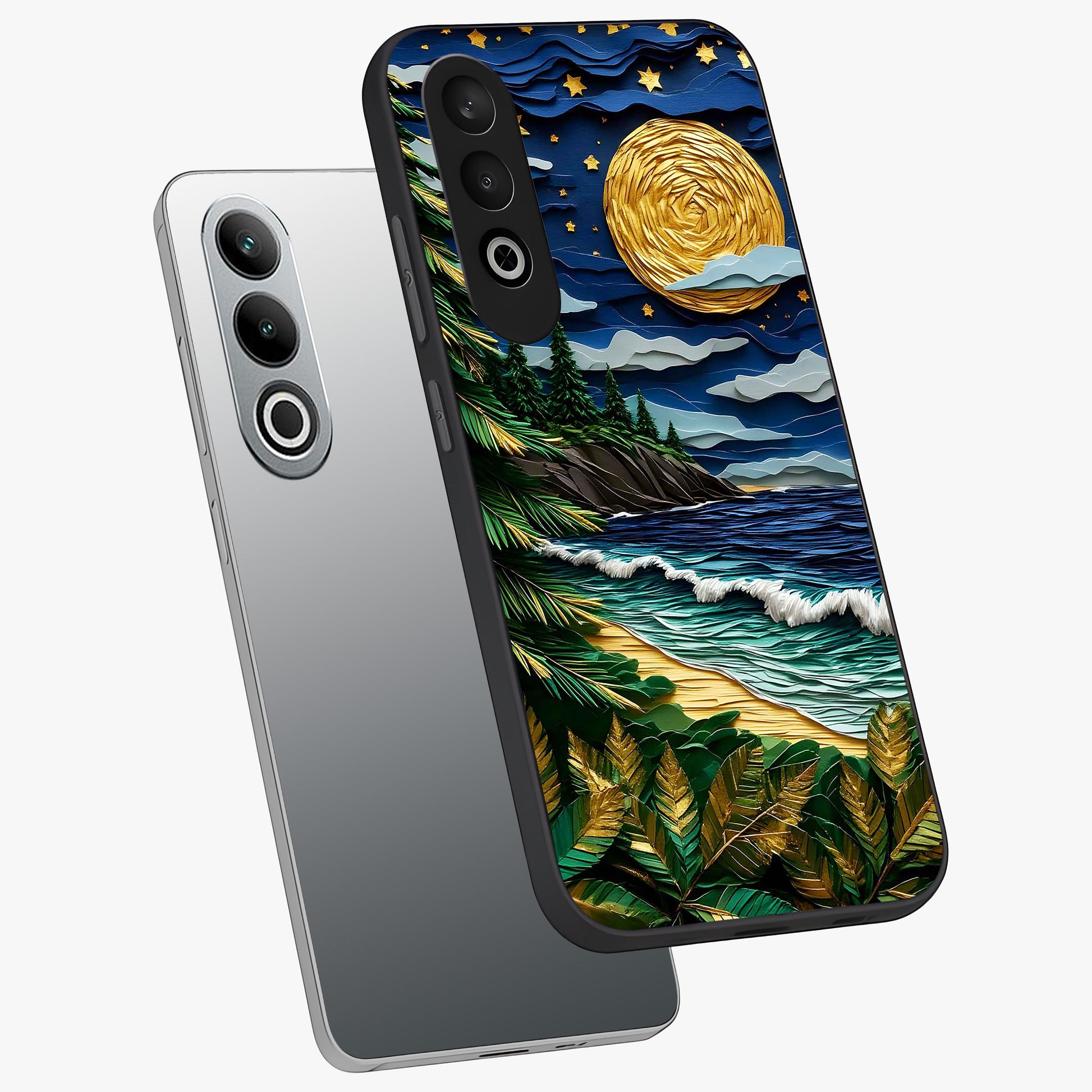 Moonlit Ocean Pines Glass Case for 1+Nord CE 4 angled mockup showcasing glossy finish and deep blue gradients