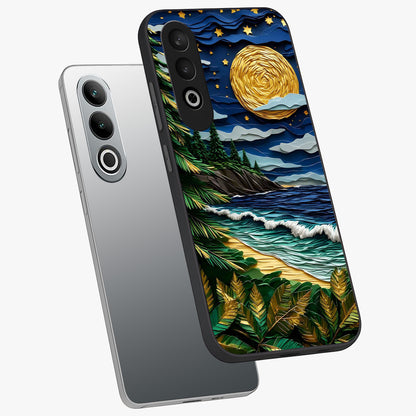 Moonlit Ocean Pines Glass Case for 1+Nord CE 4 angled mockup showcasing glossy finish and deep blue gradients