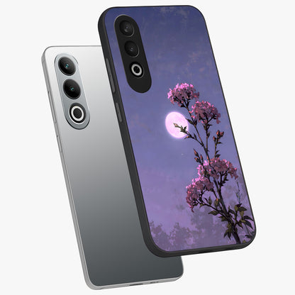 Moonlit Petal Night Glass Case for 1+Nord CE 4 angled mockup showcasing glossy finish and subtle moonlight detailing