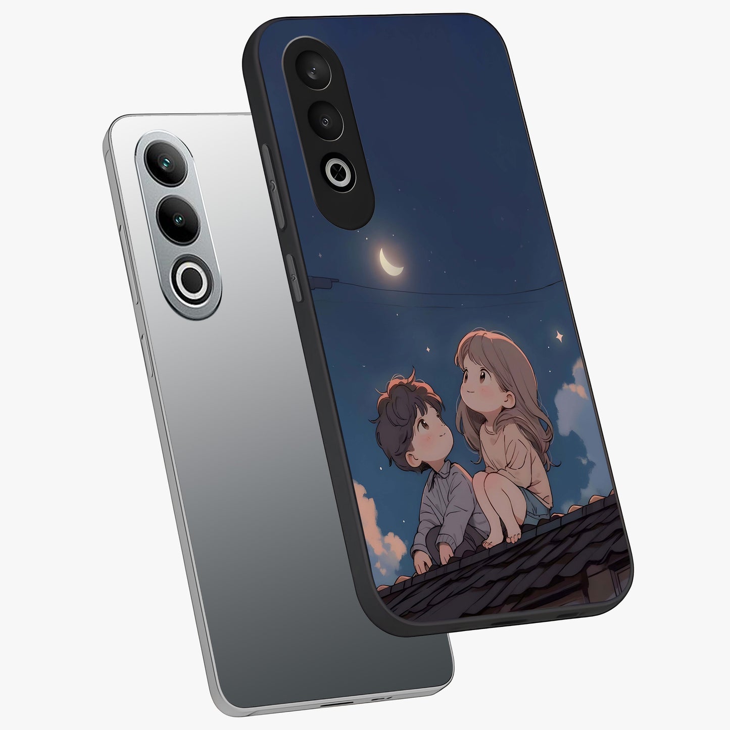 Moonlit Promise Together Glass Case for 1+Nord CE 4 angled mockup showcasing glossy finish and soft emotional detailing