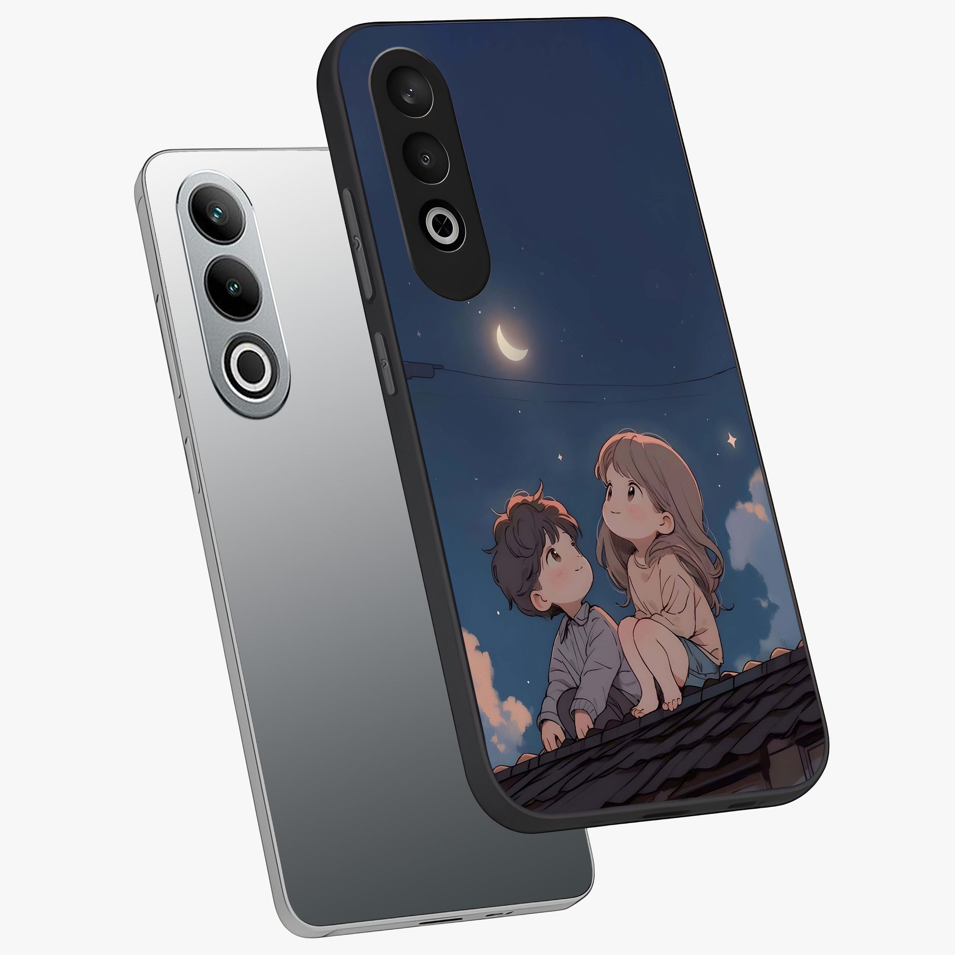 Moonlit Promise Together Glass Case for 1+Nord CE 4 angled mockup showcasing glossy finish and soft emotional detailing
