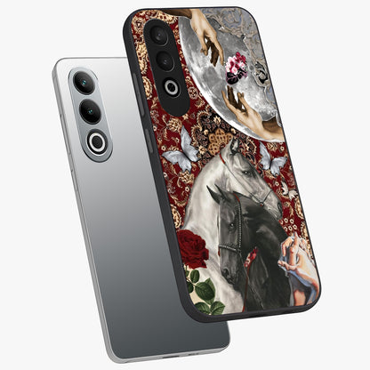 Moonlit Royal Stallion Glass Case for 1+Nord CE 4 angled mockup showcasing glossy finish and deep midnight tones
