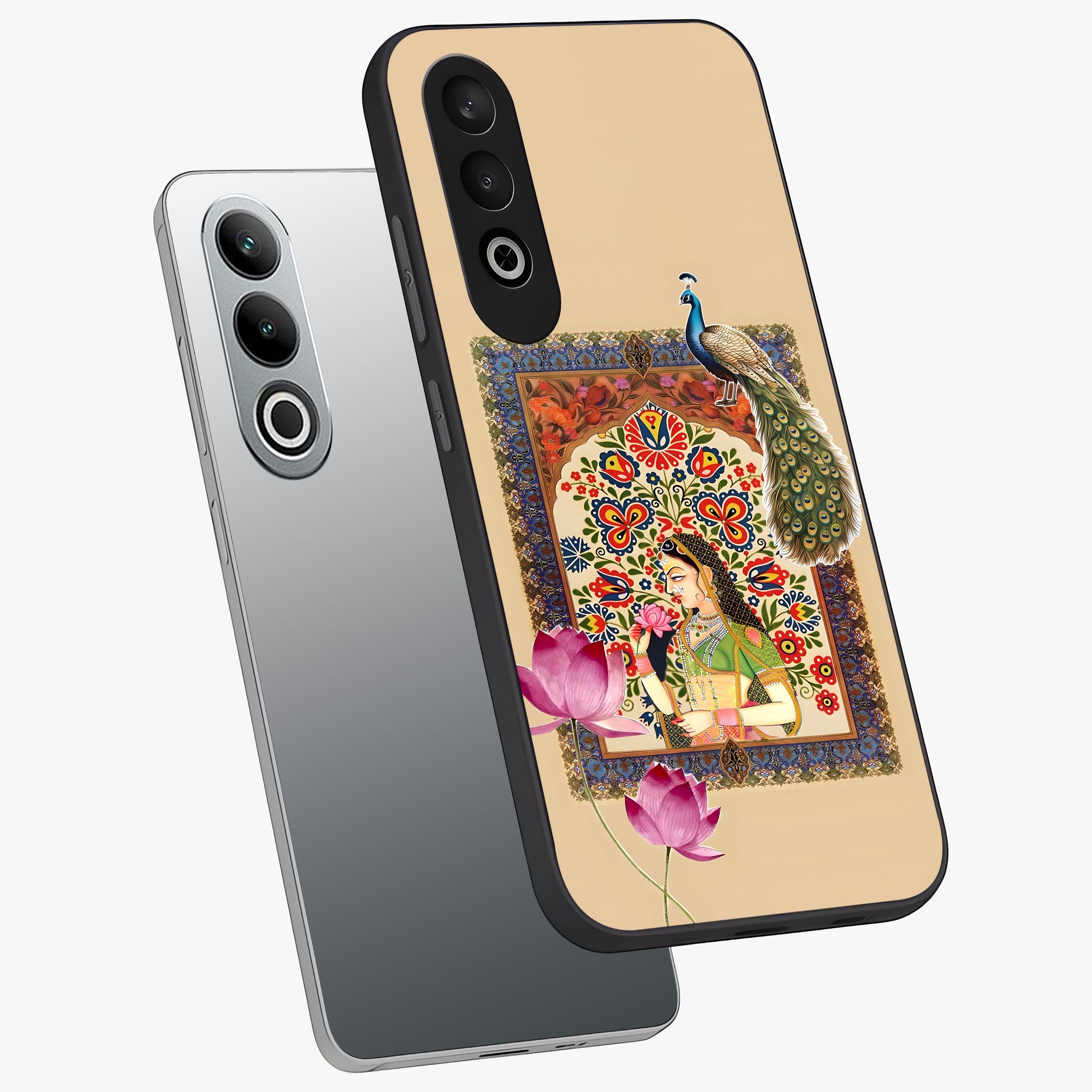 Mughal Princess and Peacock Glass Case for 1+Nord CE 4 angled mockup showcasing glossy finish and rich heritage tones