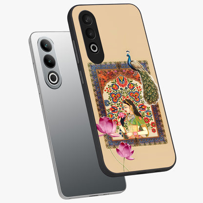 Mughal Princess and Peacock Glass Case for 1+Nord CE 4 angled mockup showcasing glossy finish and rich heritage tones
