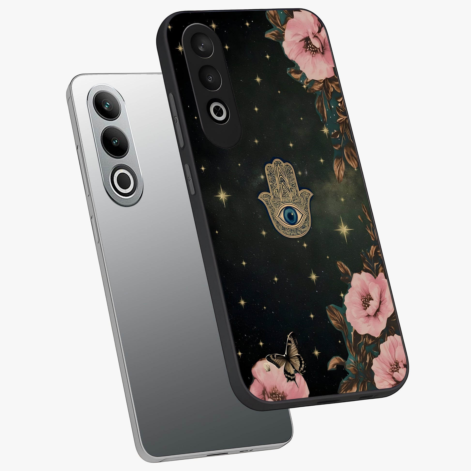 Mystic Bloom Protection Glass Case for 1+Nord CE 4 angled mockup showcasing glossy finish and vibrant spiritual tones
