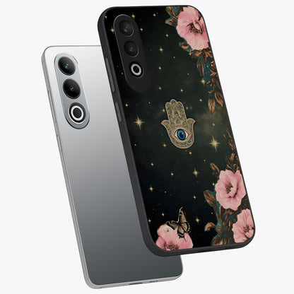 Mystic Bloom Protection Glass Case for 1+Nord CE 4 angled mockup showcasing glossy finish and vibrant spiritual tones
