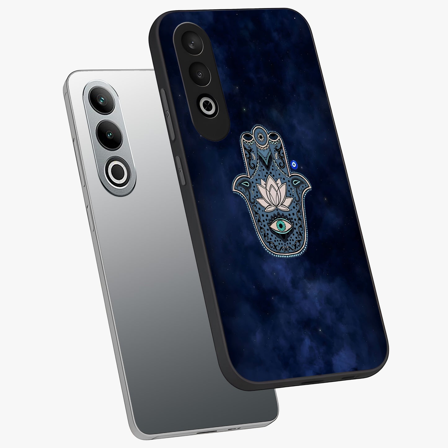 Mystic Calm Shield Glass Case for 1+Nord CE 4 angled mockup showcasing glossy finish and subtle mystical detailing