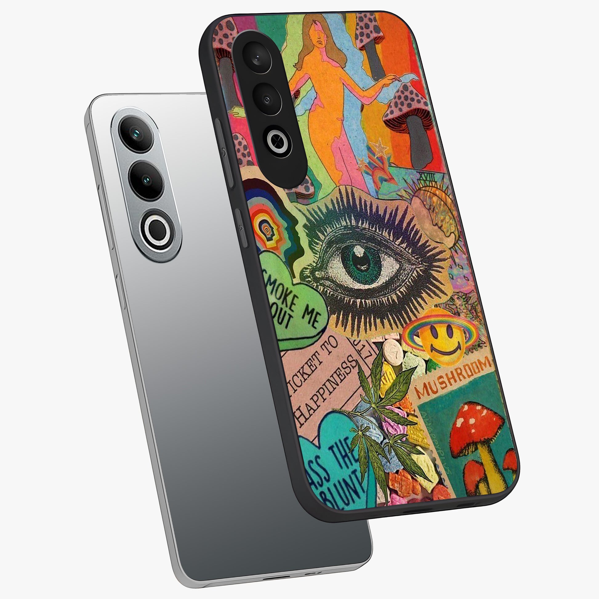 Mystic Eye Wonderland Glass Case for 1+Nord CE 4 angled mockup showcasing glossy finish and vibrant cosmic tones