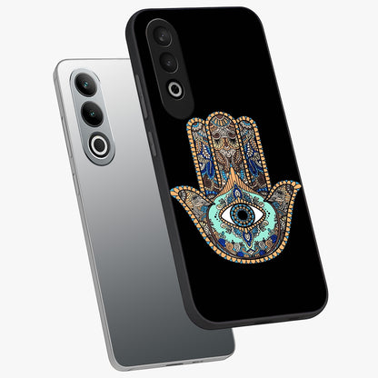 Mystic Hamsa Eye Glass Case for 1+Nord CE 4 angled mockup showcasing glossy finish and protective design elements