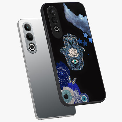Mystic Hand Aura Glass Case for 1+Nord CE 4 angled mockup showcasing glossy finish and radiant mystical detailing
