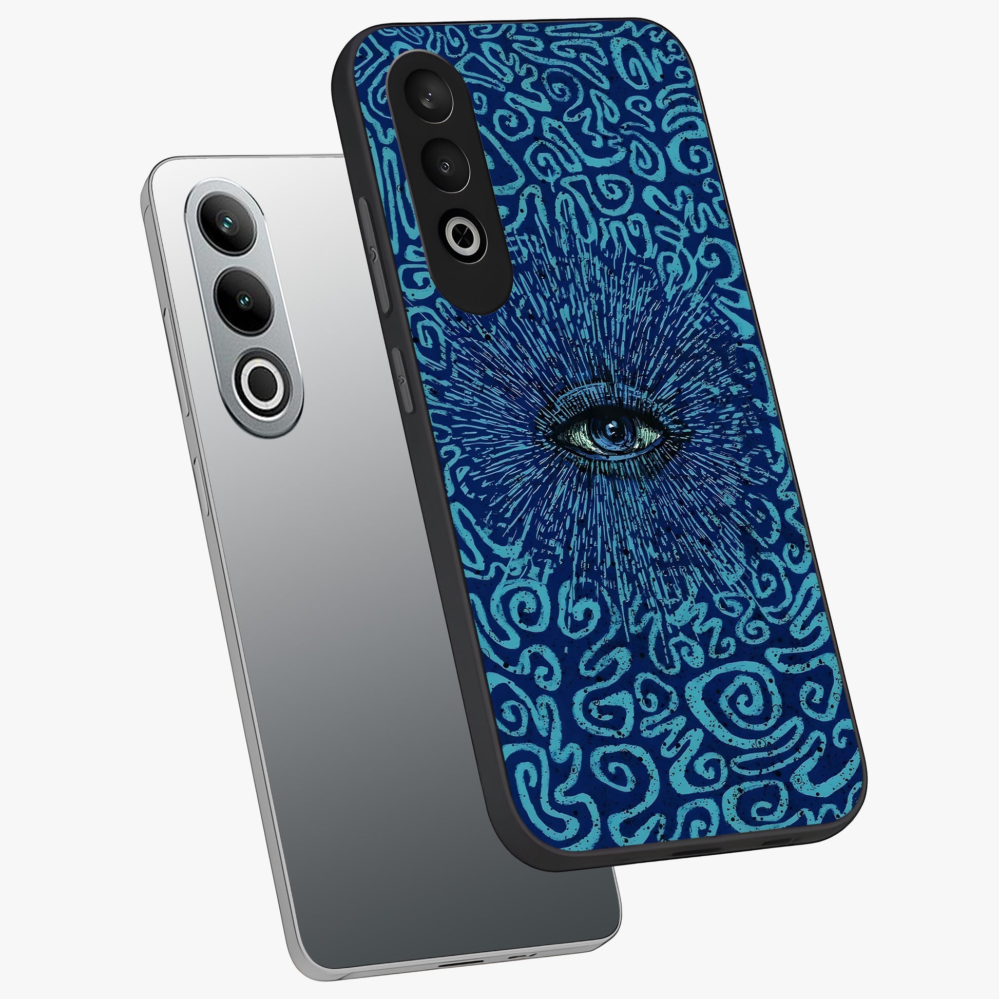 Mystic Inner Eye Glass Case for 1+Nord CE 4 angled mockup showcasing glossy finish and deep cosmic gradients
