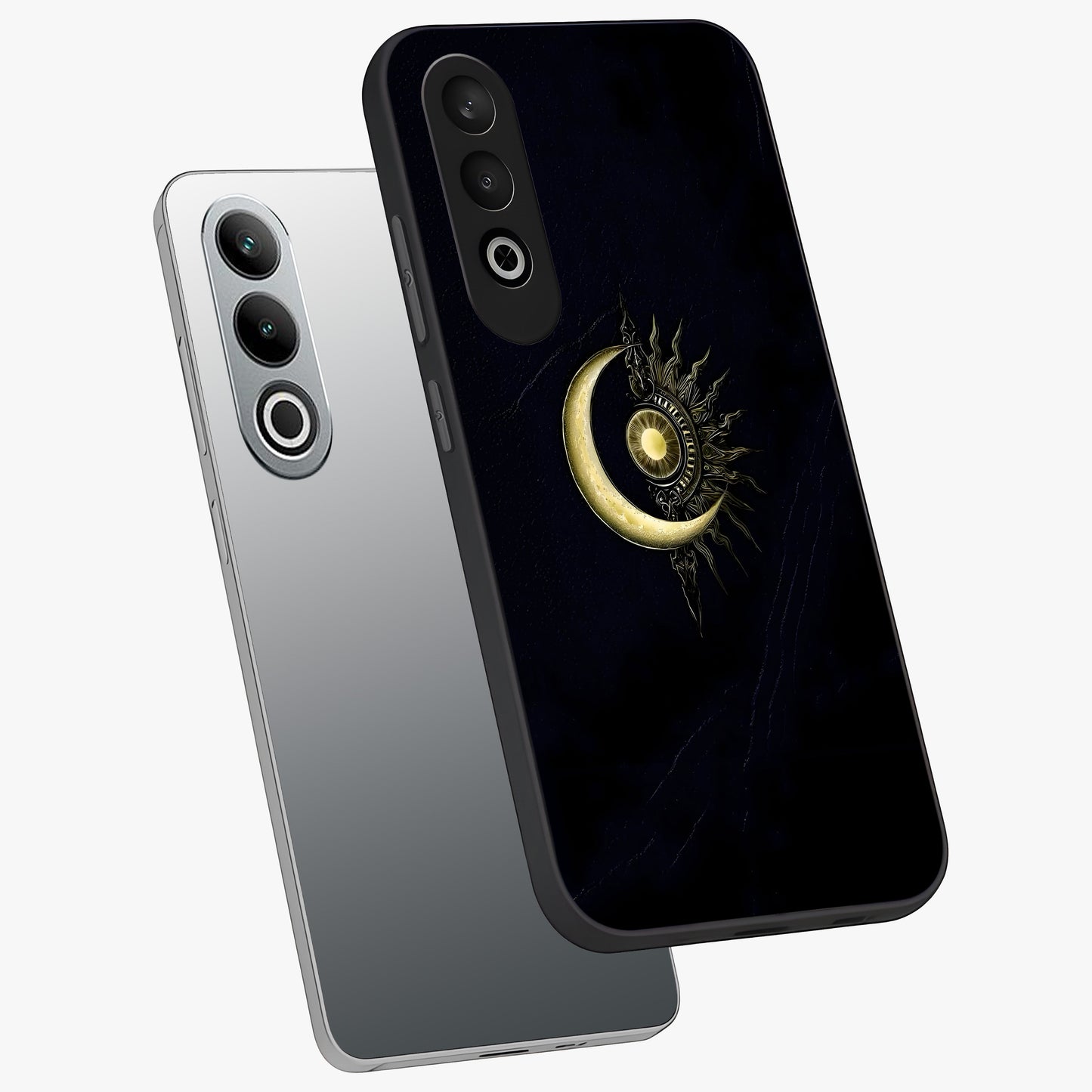 Mystic Lunar Flame Glass Case for 1+Nord CE 4 angled mockup showcasing glossy finish and glowing night tones