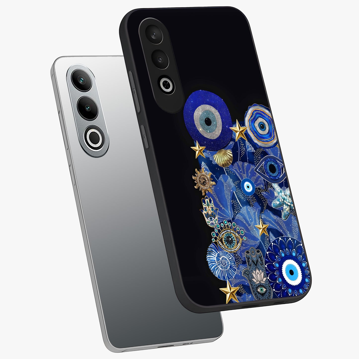 Mystic Ocean Eye Glass Case for 1+Nord CE 4 angled mockup showcasing glossy finish and fluid wave detailing