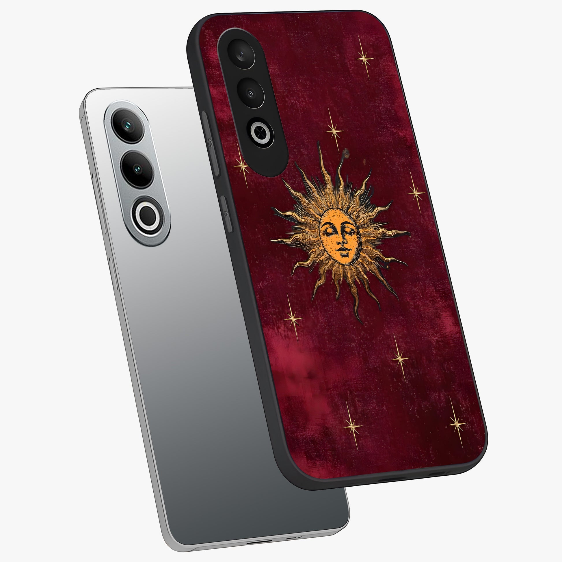 Mystic Solar Glow Glass Case for 1+Nord CE 4 angled mockup showcasing glossy glass finish and warm golden tones