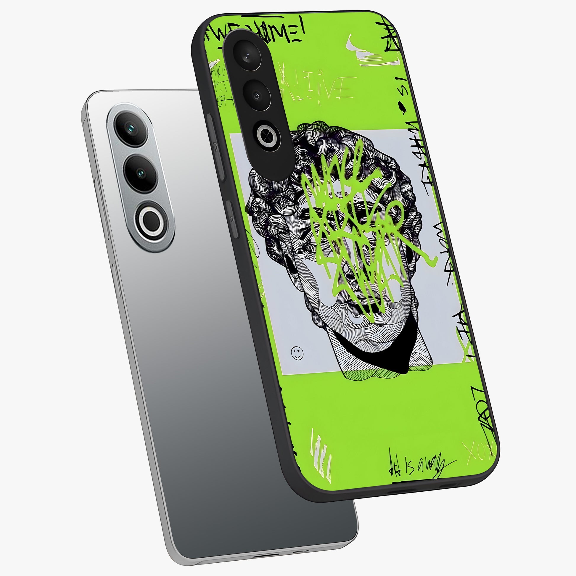 Neo Graffiti Rebellion Glass Case for 1+Nord CE 4 angled mockup showcasing glossy finish and urban neon detailing