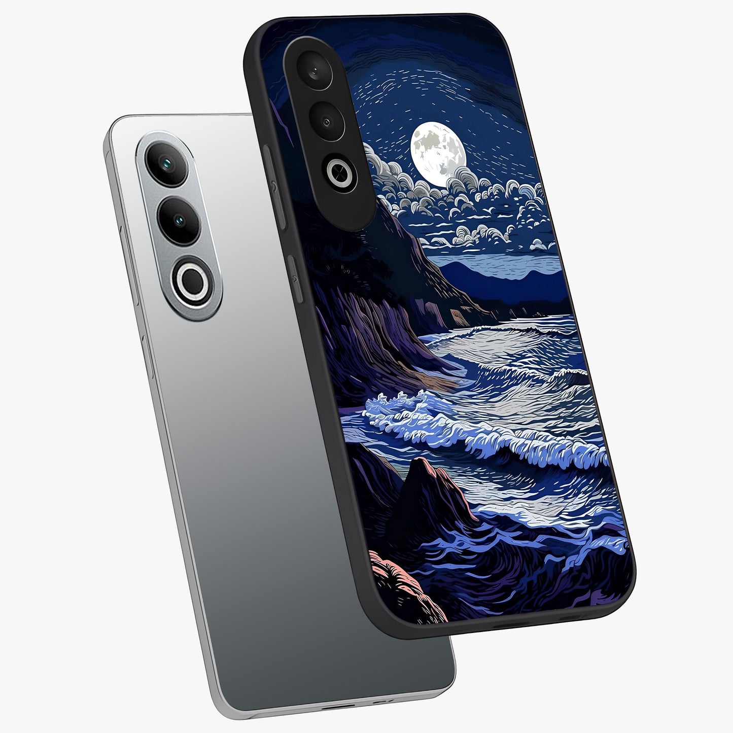Night Moon Scenery Pattern Glass Case for 1+Nord CE 4 angled mockup showcasing glossy finish and deep night tones