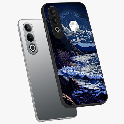 Night Moon Scenery Pattern Glass Case for 1+Nord CE 4 angled mockup showcasing glossy finish and deep night tones