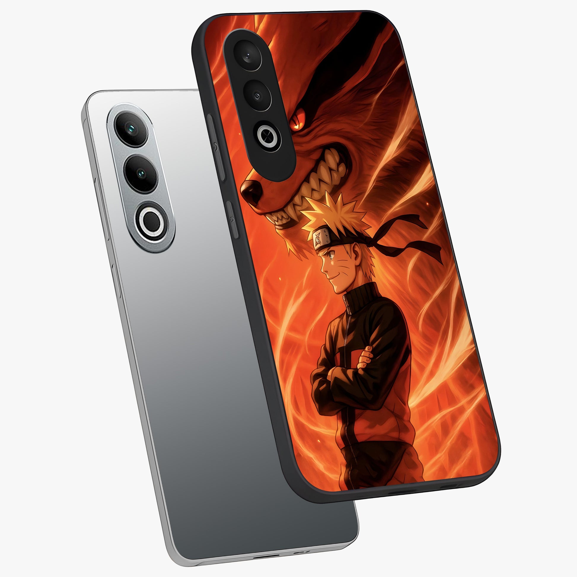 Nine Tails Legacy Glass Case for 1+Nord CE 4 angled mockup showcasing glossy finish and dramatic fiery tones