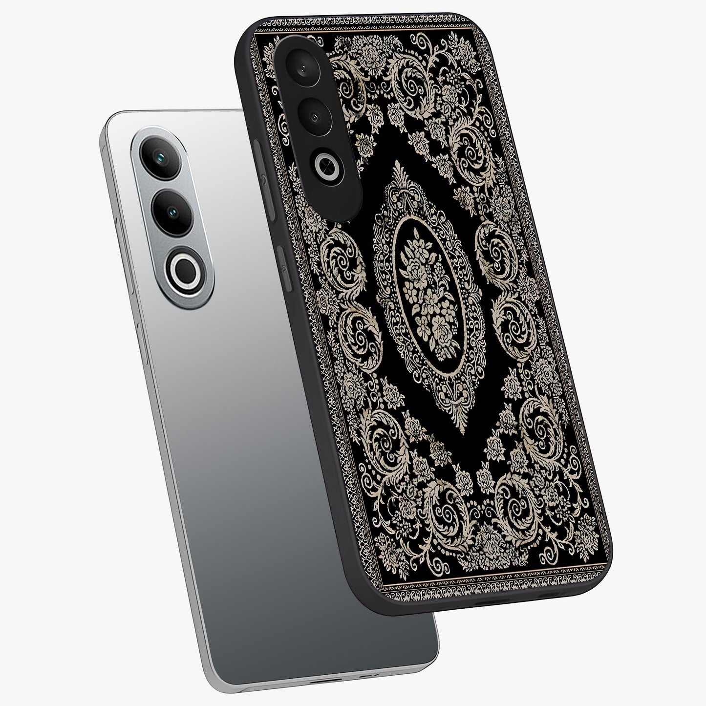 Noir Bloom Elegance Glass Case for 1+Nord CE 4 angled mockup showcasing glossy finish and refined bloom detailing