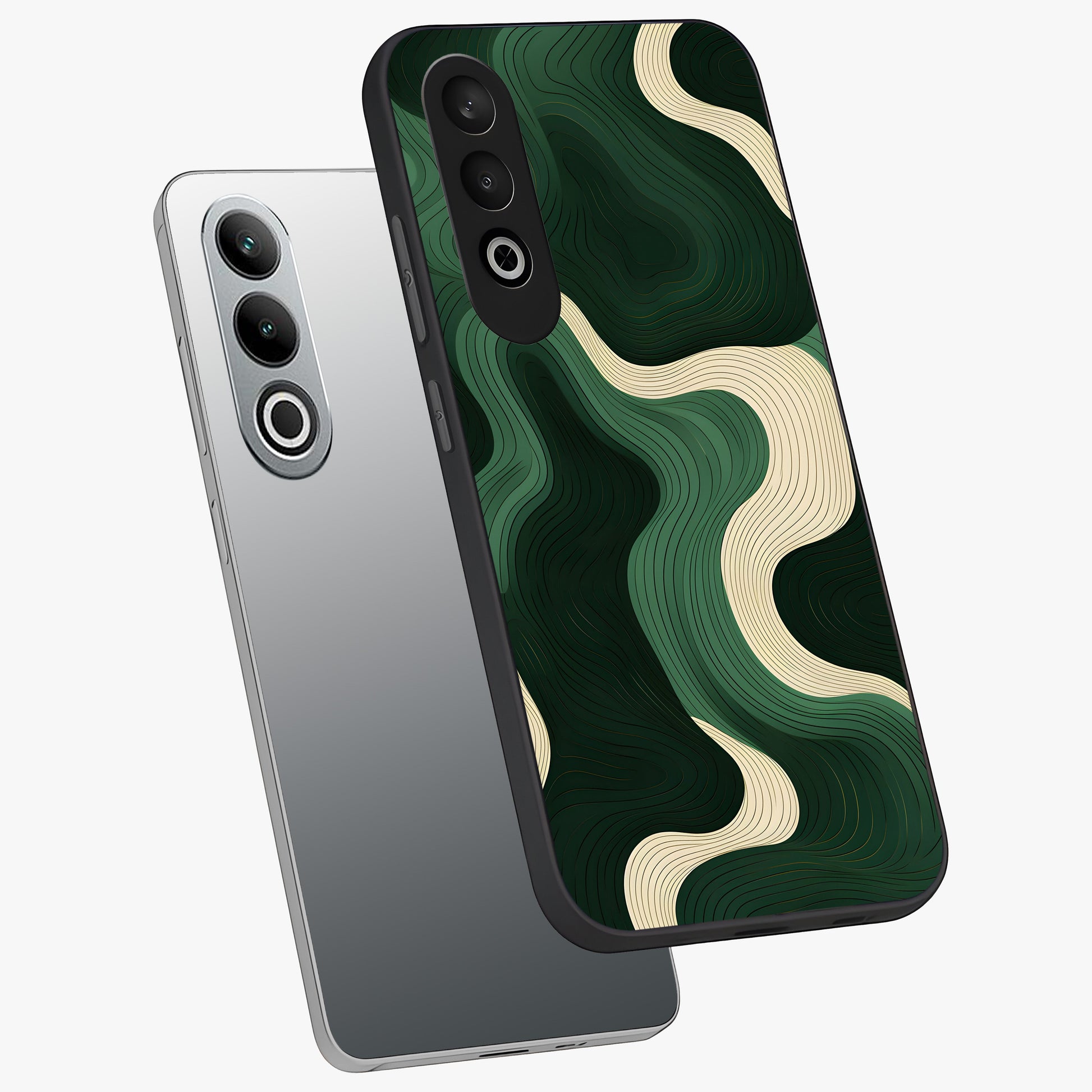 Organic Swirl Design Glass Case for 1+Nord CE 4 angled mockup showcasing glossy finish and smooth gradient tones