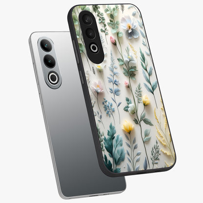 Pastel Garden Whispers Glass Case for 1+Nord CE 4 angled mockup showcasing glossy finish and gentle bloom tones