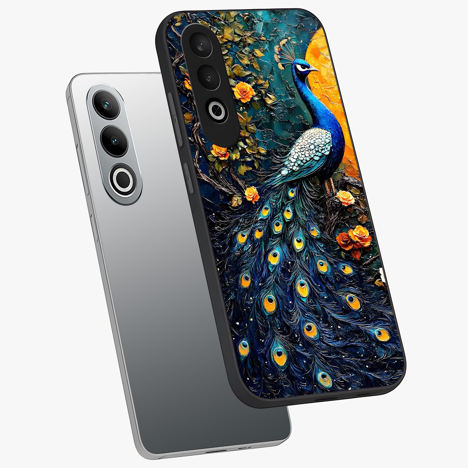 Peacock With Yellow Moon Glass Case for 1+Nord CE 4 angled mockup showcasing glossy finish and deep night tones