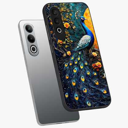 Peacock With Yellow Moon Glass Case for 1+Nord CE 4 angled mockup showcasing glossy finish and deep night tones