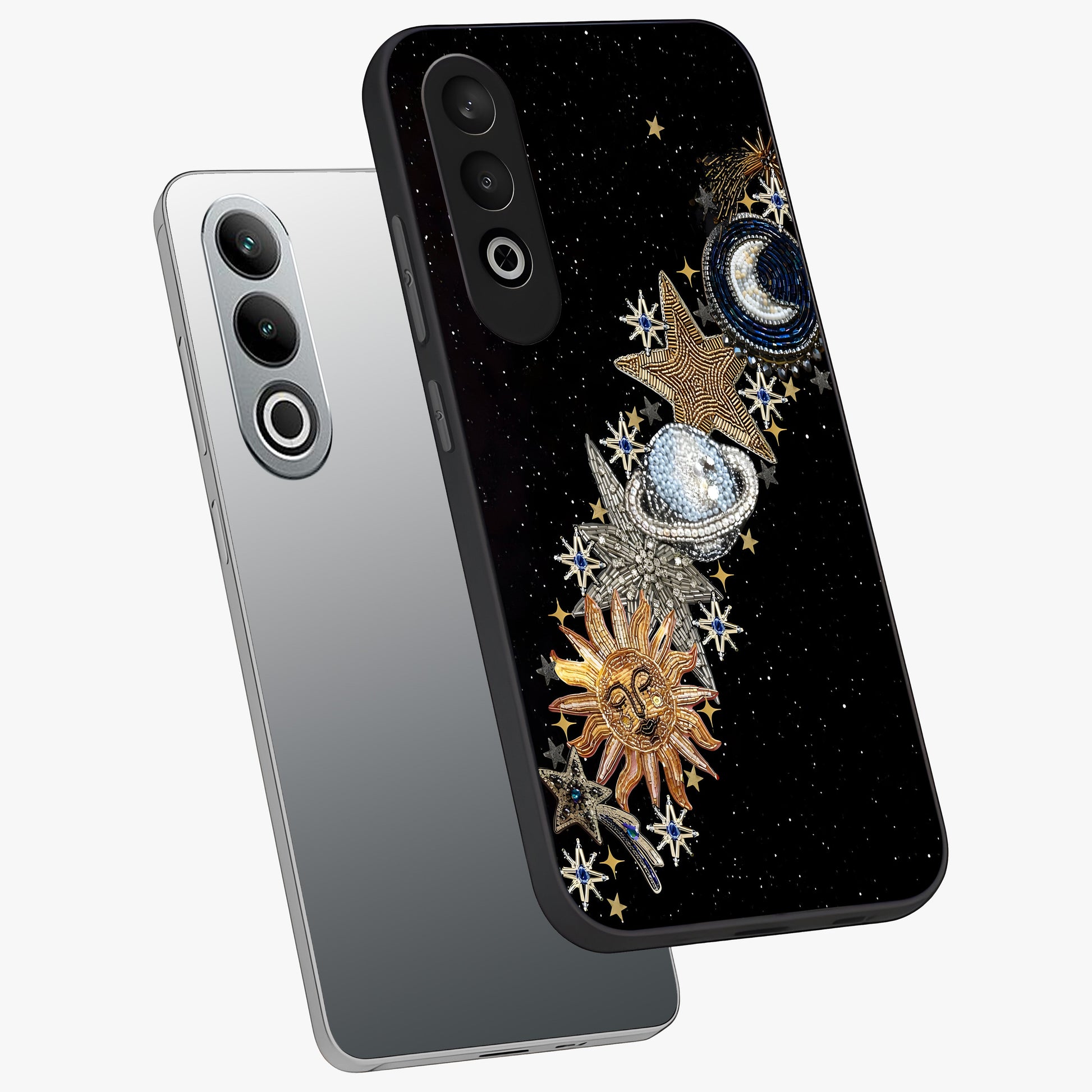 Pearls Universe Object Glass Case for 1+Nord CE 4 angled mockup showcasing glossy finish and luminous celestial tones