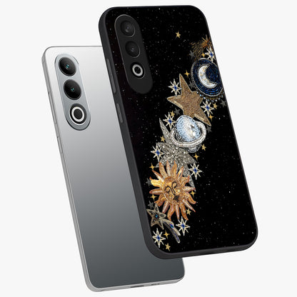 Pearls Universe Object Glass Case for 1+Nord CE 4 angled mockup showcasing glossy finish and luminous celestial tones