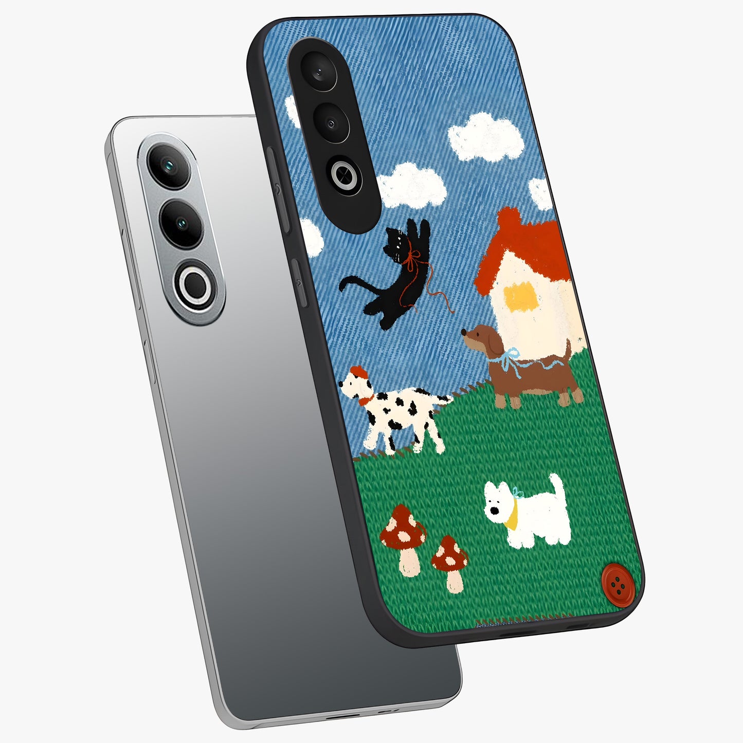 Pet Adventures Glass Case for 1+Nord CE 4 angled mockup showcasing glossy finish and vibrant cartoon tones