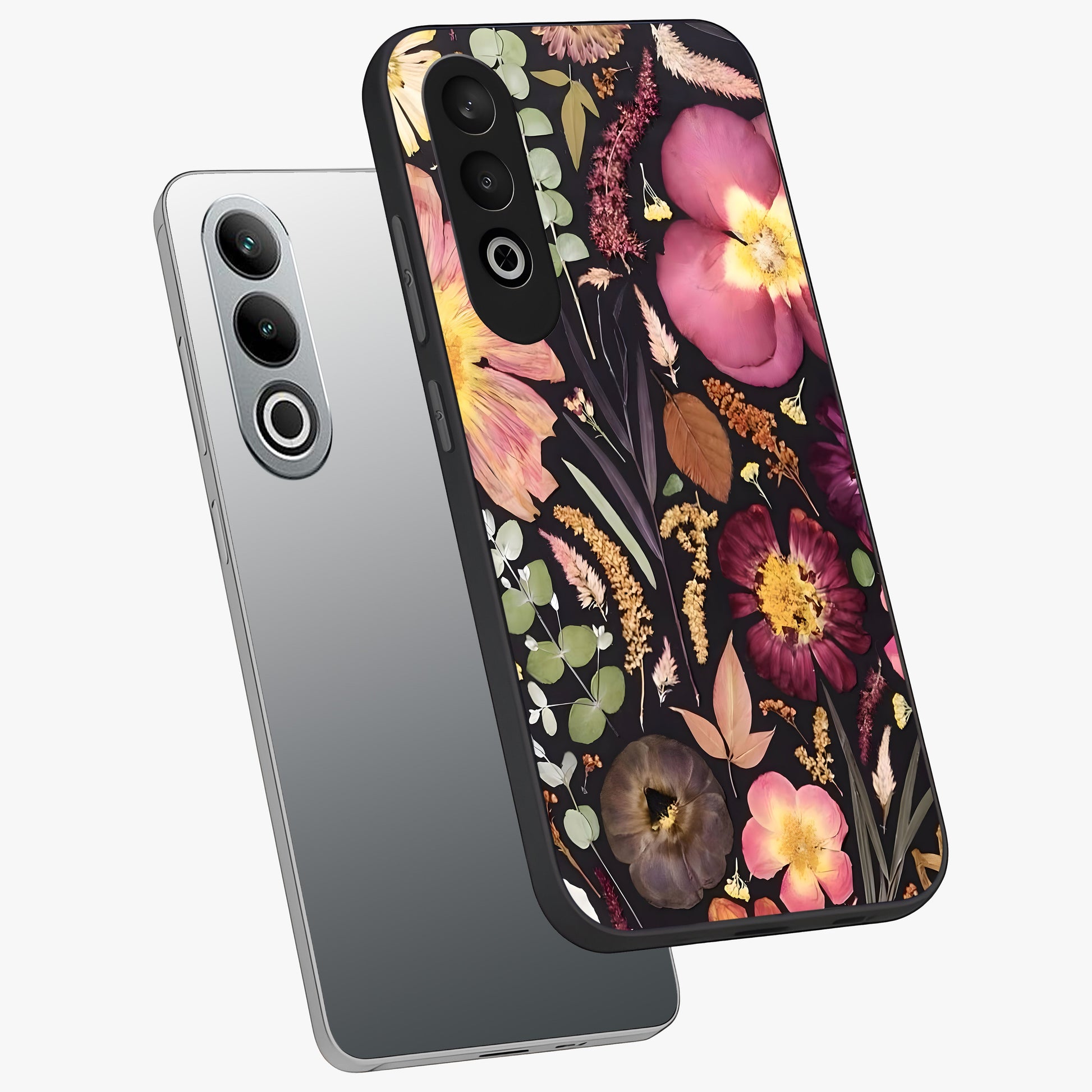 Petal Dream Tapestry Glass Case for 1+Nord CE 4 angled mockup showcasing glossy finish and rich bloom detailing