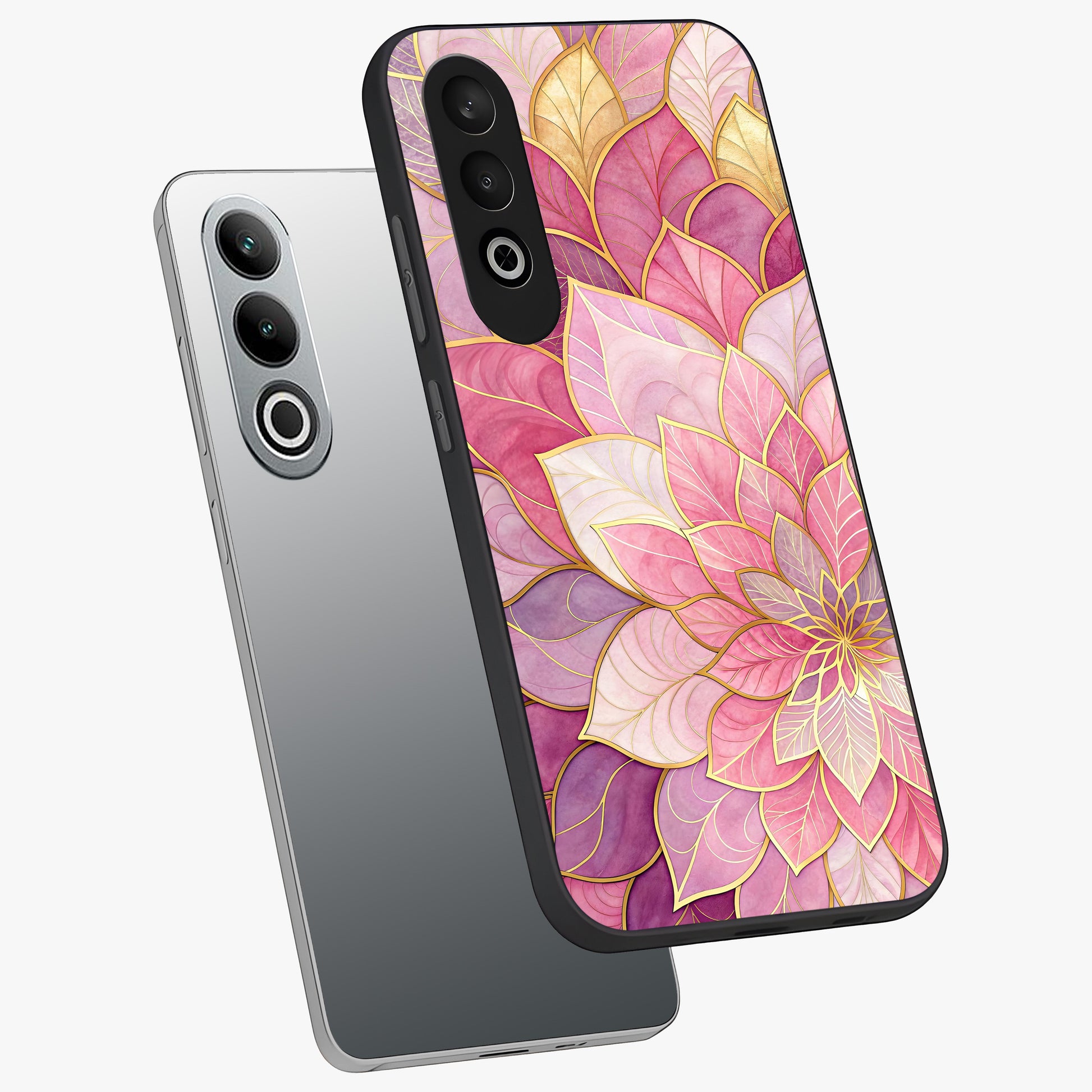 Petal Luxe Bloom Glass Case for 1+Nord CE 4 angled mockup showcasing glossy finish and vibrant bloom accents