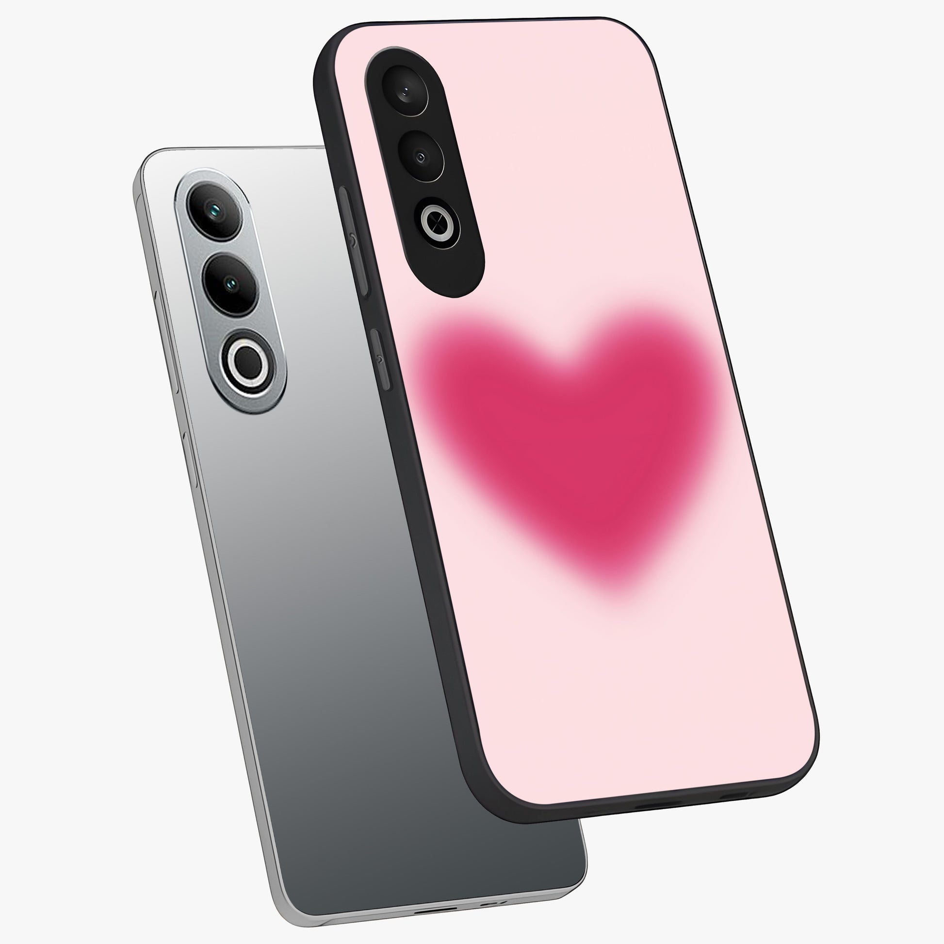 Pink Aura Heart Glass Case for 1+Nord CE 4 angled mockup showcasing glossy glass finish and radiant aura detailing