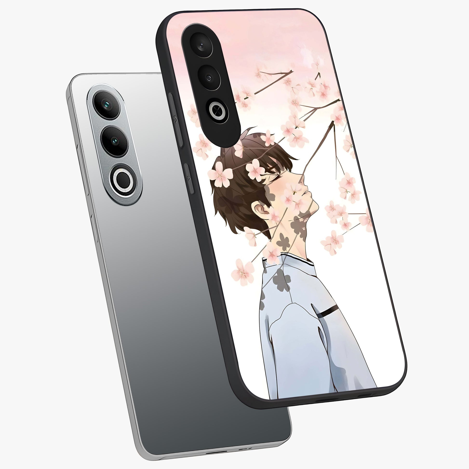Pink Blossom Boy Glass Case for 1+Nord CE 4 angled mockup showcasing glossy finish and soft bloom tones