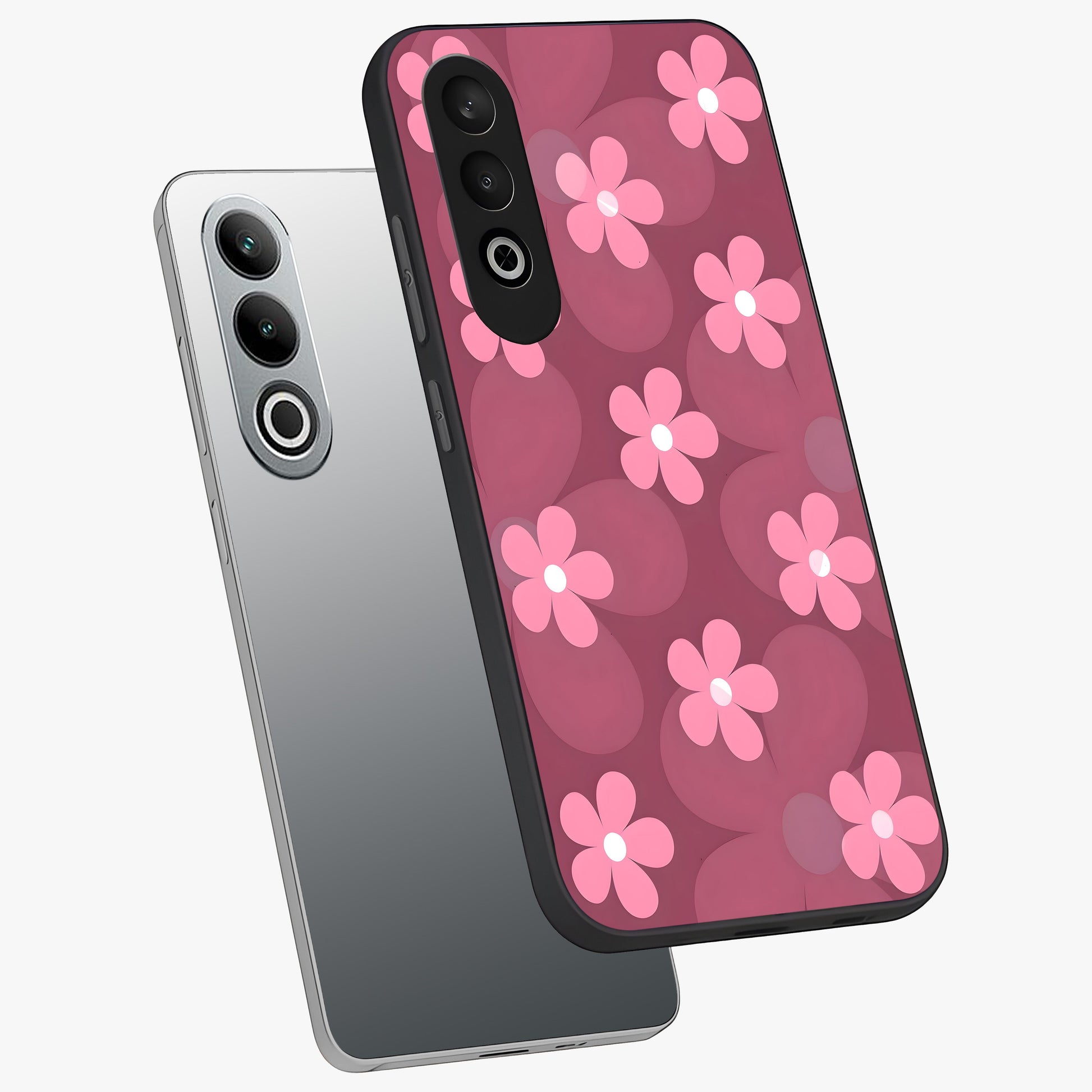 Pink Daisy Flower Pattern Glass Case for 1+Nord CE 4 angled mockup showcasing glossy finish and playful bloom detailing