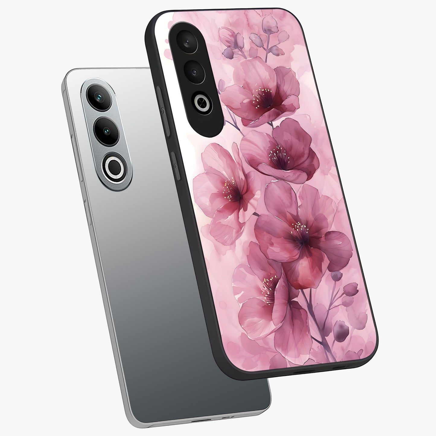 Pink Floral Glass Case for 1+Nord CE 4 angled mockup showcasing glossy finish and delicate bloom detailing