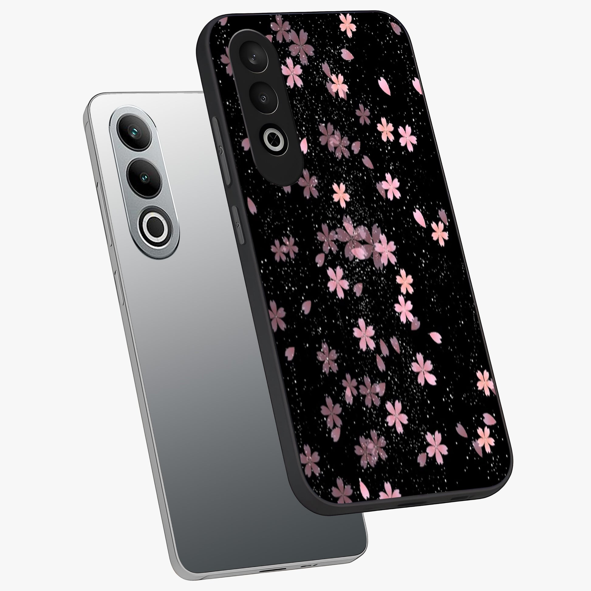 Pink Flower Black Background Glass Case for 1+Nord CE 4 angled mockup showcasing glossy finish and bold contrast tones